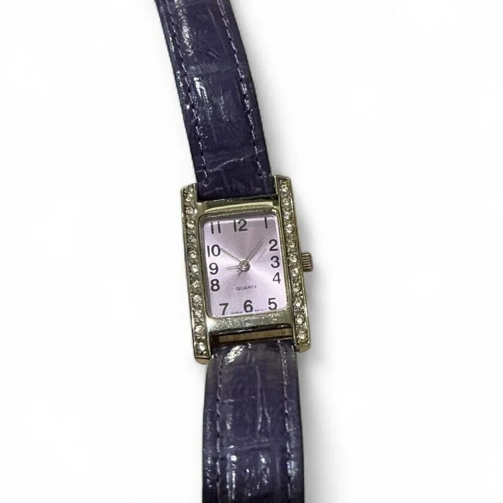 Vintage rectangle‎ quartz watch purple crocodile pattern leather rhinestone